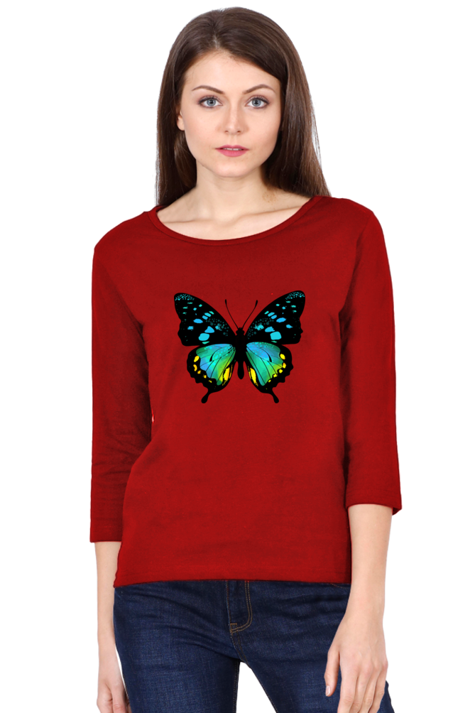 Blue Butterfly Print Cotton Full Sleeve T Shirt for Women