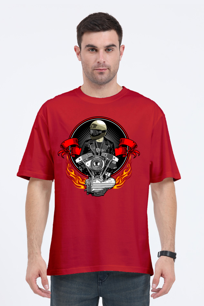 Men’s Oversized Cotton T-Shirt with Fiery Motorcycle Engine Print