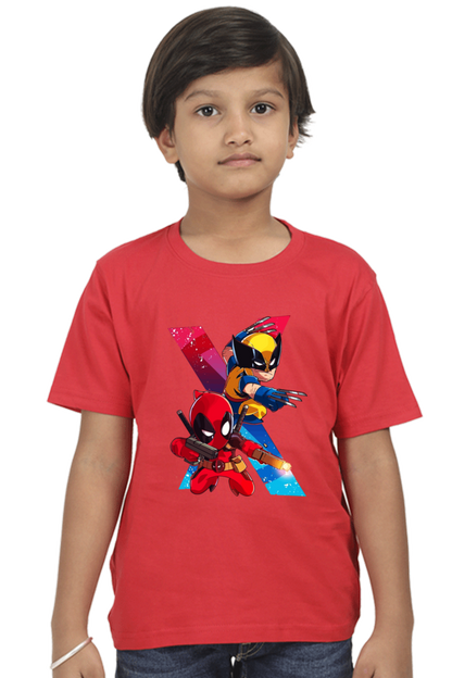 Kids Deadpool and Wolverine Action Print Half Sleeve T-Shirt