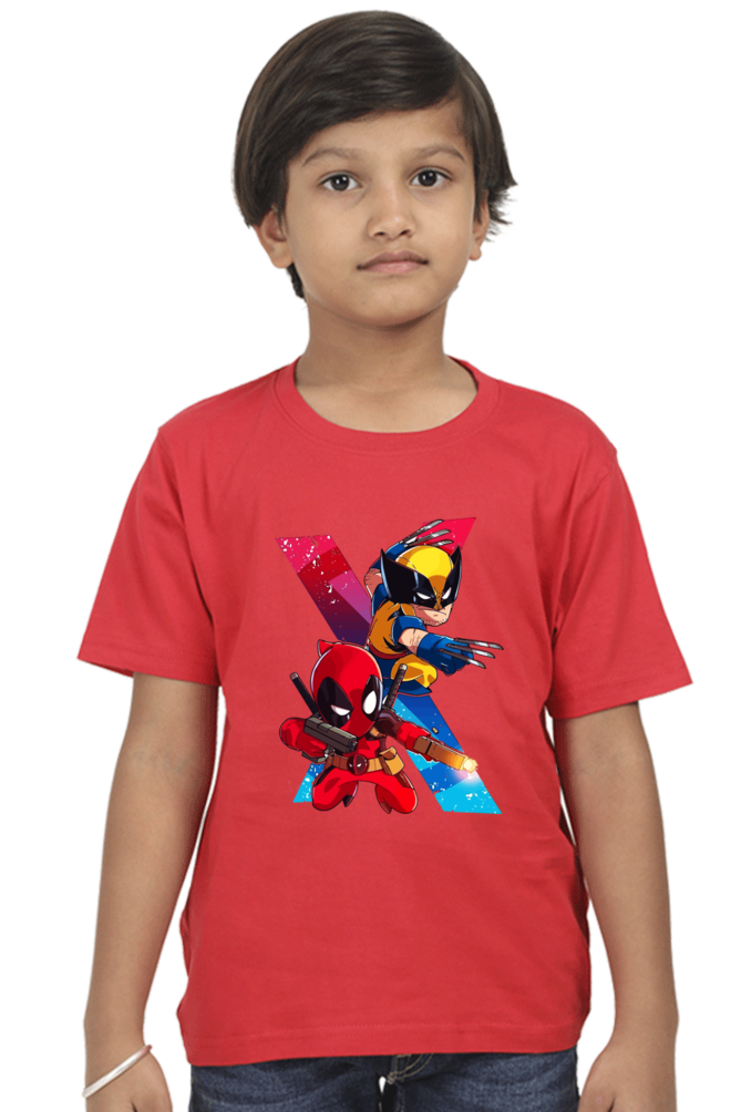 Kids Deadpool and Wolverine Action Print Half Sleeve T-Shirt