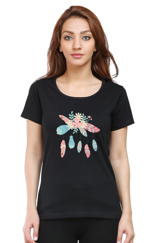 Floral Fantasy: Cotton ‘Feather Flower’ T-Shirt for Women