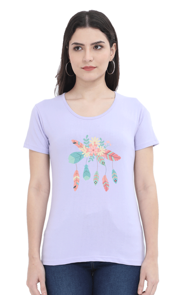 Floral Fantasy: Cotton ‘Feather Flower’ T-Shirt for Women