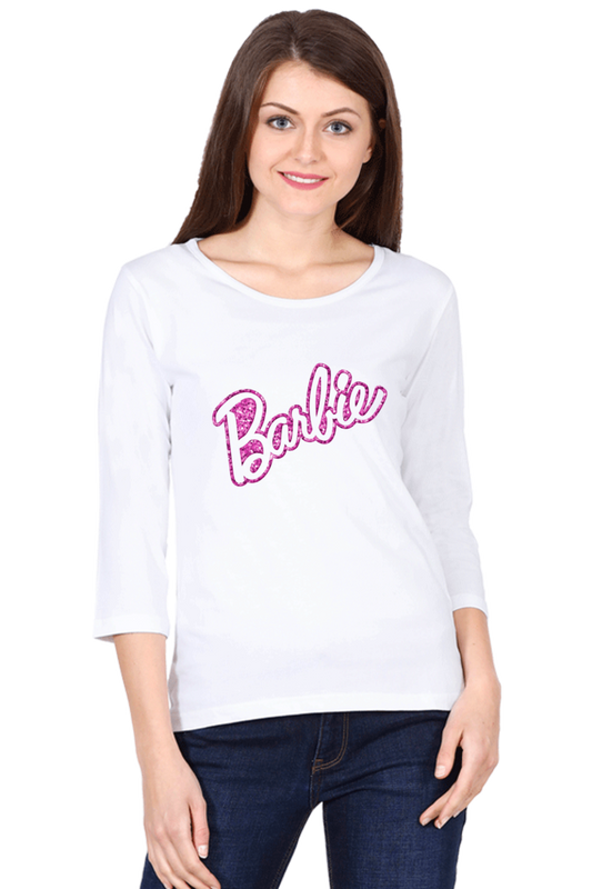 Barbie Logo Pink Cotton Full Sleeve T-Shirt for Women