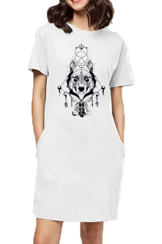 White Wolf Dreamcatcher T-Shirt Dress - A Comfortable and Artistic Piece