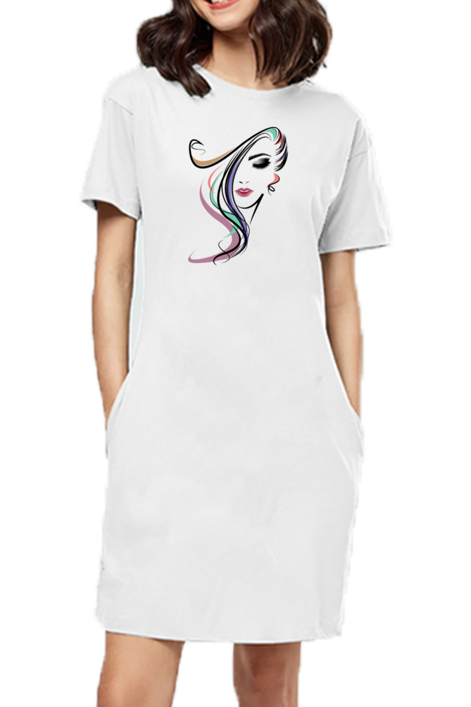 Abstract Feminine Face Print Cotton T-Shirt Dress for Women