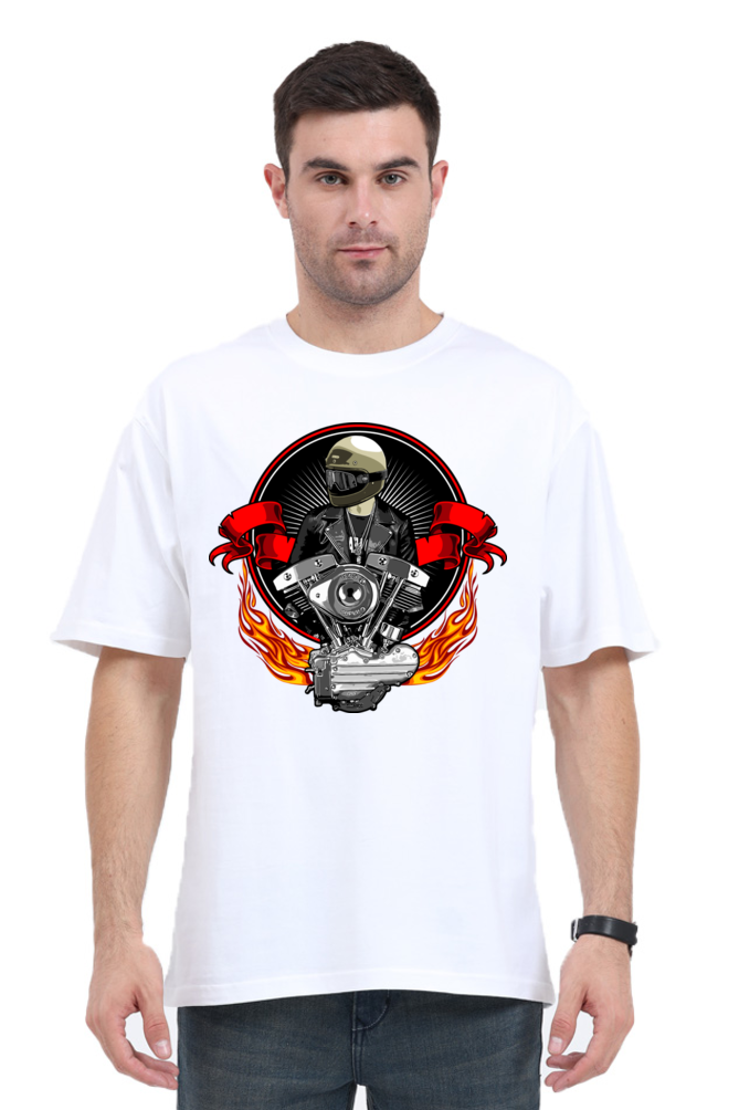 Men’s Oversized Cotton T-Shirt with Fiery Motorcycle Engine Print