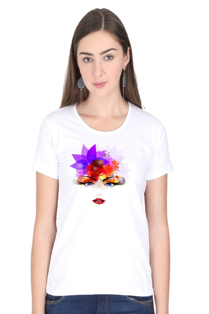 Colorful Feminine Face Print Cotton T-Shirt for Women