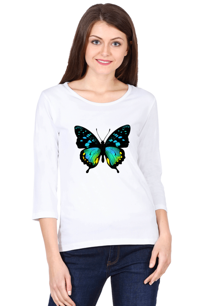 Blue Butterfly Print Cotton Full Sleeve T Shirt for Women