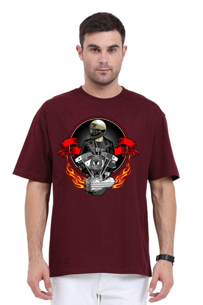 Men’s Oversized Cotton T-Shirt with Fiery Motorcycle Engine Print