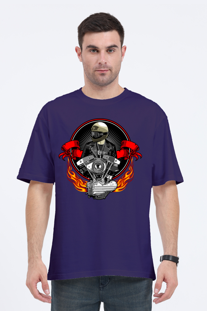 Men’s Oversized Cotton T-Shirt with Fiery Motorcycle Engine Print