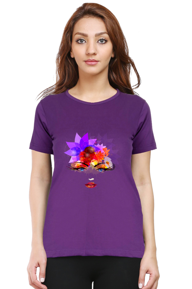 Colorful Feminine Face Print Cotton T-Shirt for Women