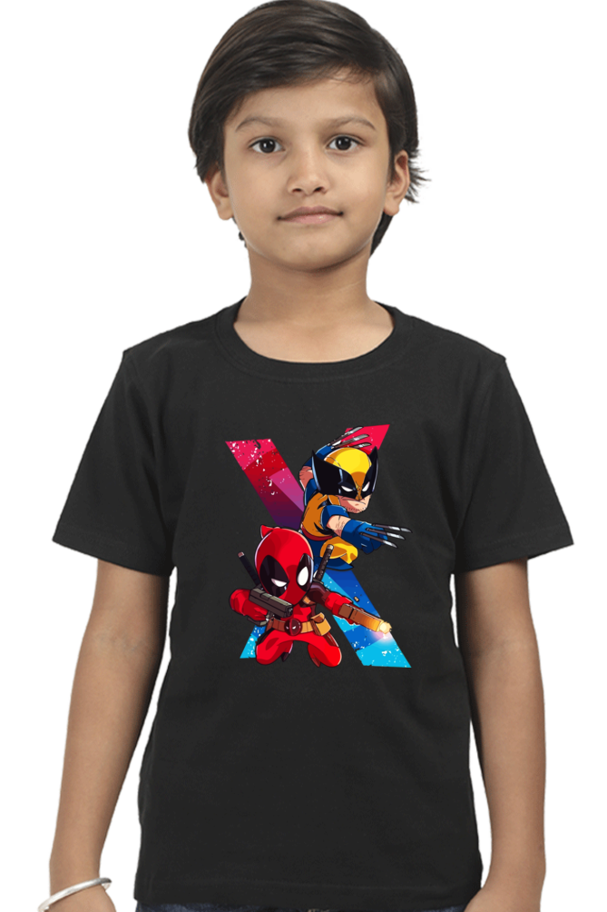 Kids Deadpool and Wolverine Action Print Half Sleeve T-Shirt