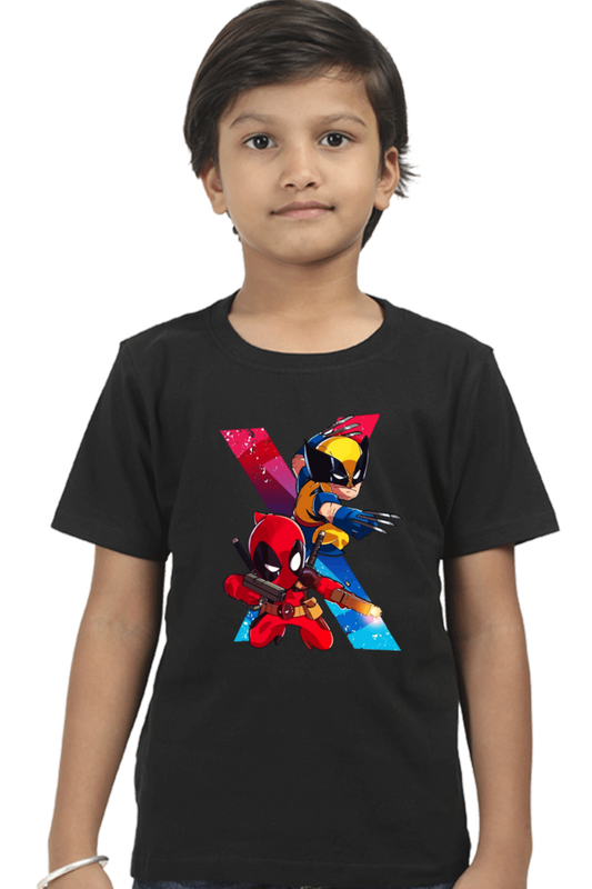 Kids Deadpool and Wolverine Action Print Half Sleeve T-Shirt