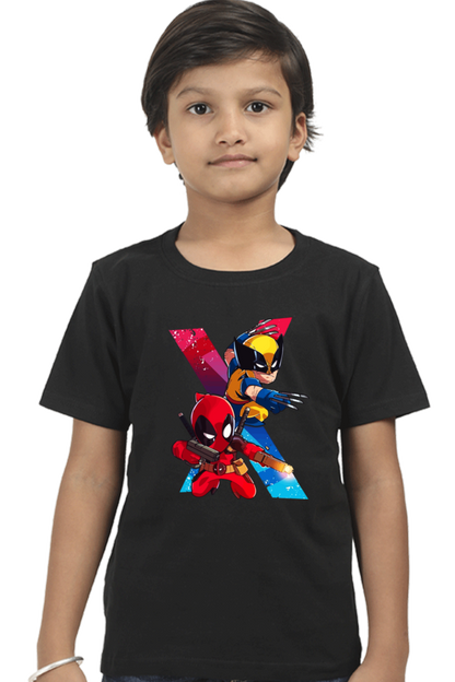 Kids Deadpool and Wolverine Action Print Half Sleeve T-Shirt