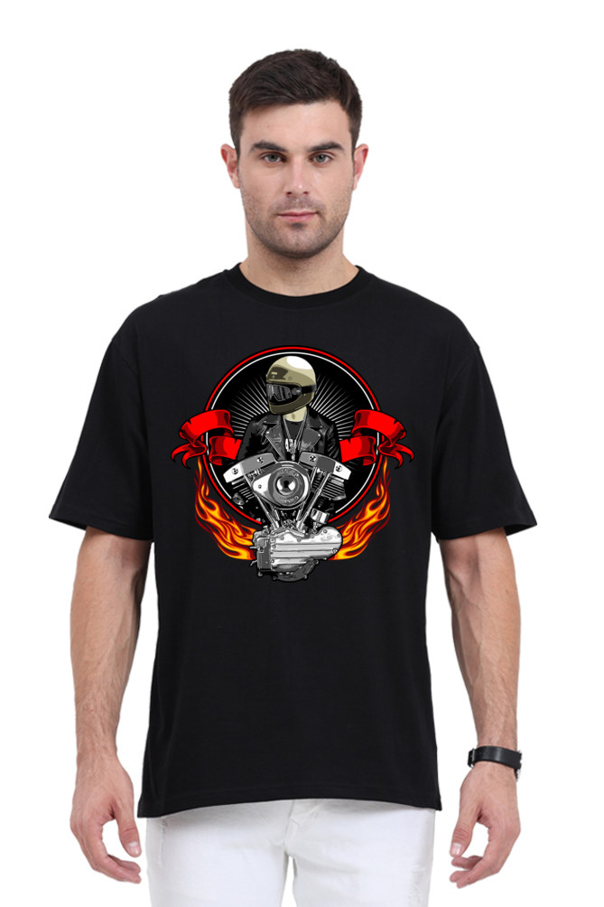 Men’s Oversized Cotton T-Shirt with Fiery Motorcycle Engine Print