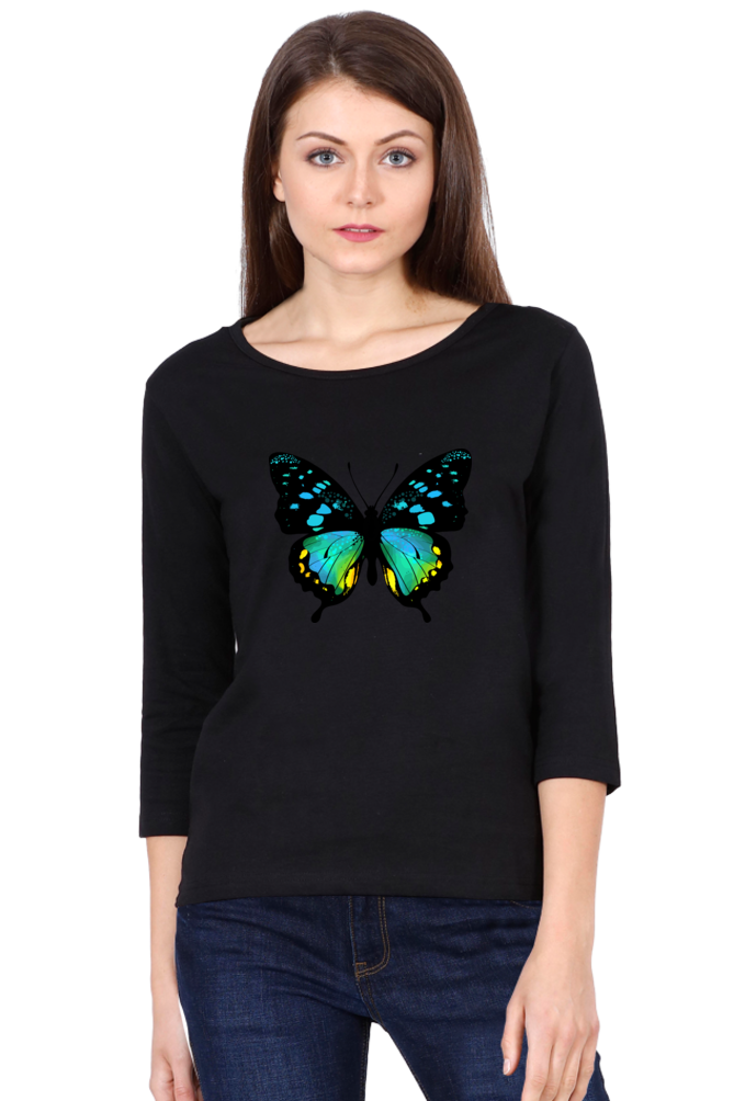 Blue Butterfly Print Cotton Full Sleeve T Shirt for Women