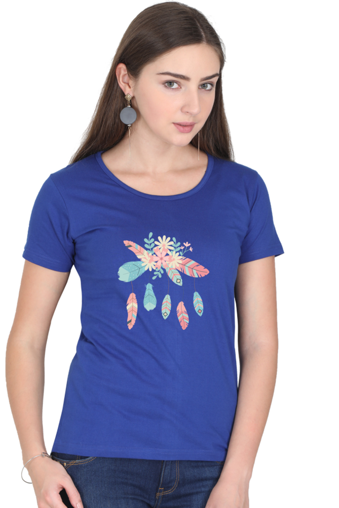 Floral Fantasy: Cotton ‘Feather Flower’ T-Shirt for Women