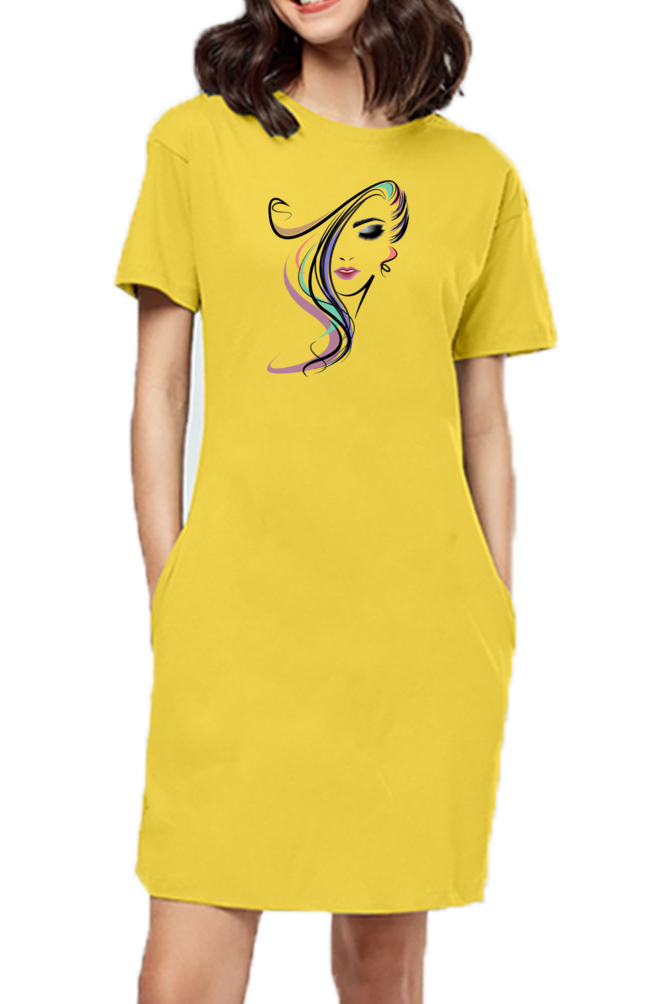 Abstract Feminine Face Print Cotton T-Shirt Dress for Women