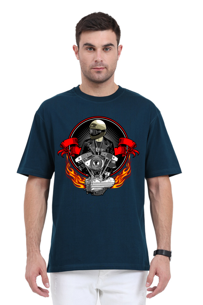 Men’s Oversized Cotton T-Shirt with Fiery Motorcycle Engine Print