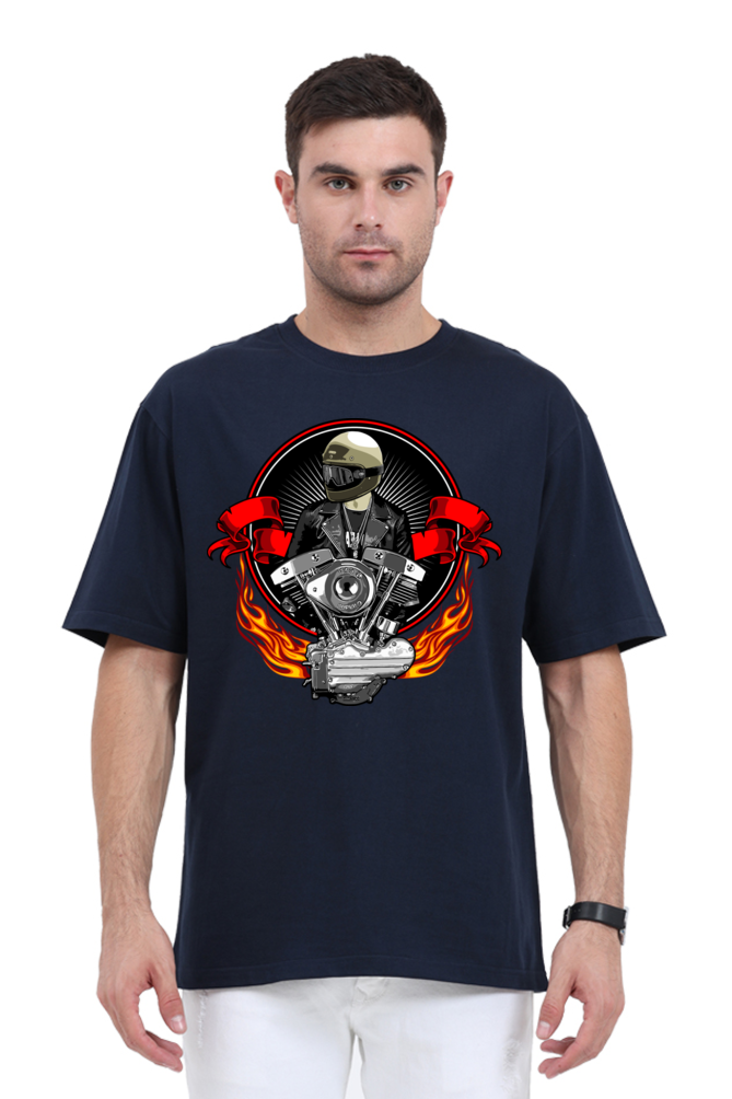 Men’s Oversized Cotton T-Shirt with Fiery Motorcycle Engine Print