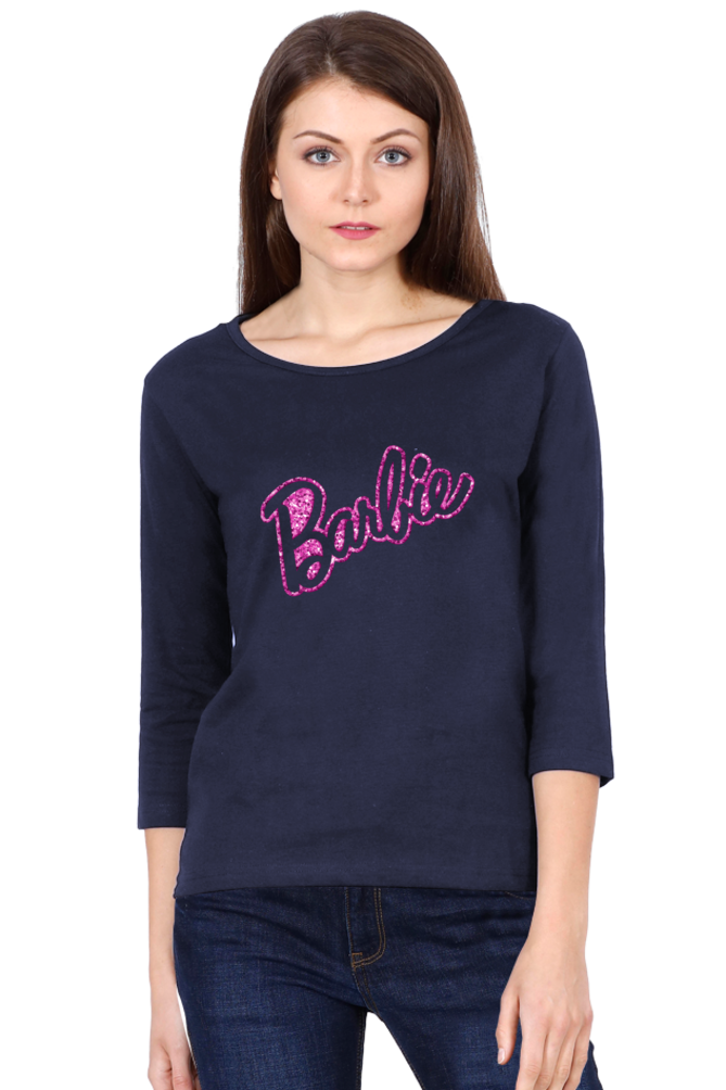 Barbie Logo Pink Cotton Full Sleeve T-Shirt for Women