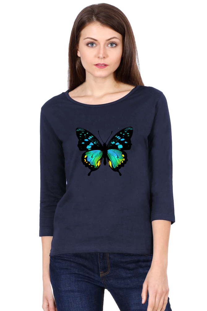 Blue Butterfly Print Cotton Full Sleeve T Shirt for Women