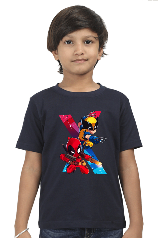 Kids Deadpool and Wolverine Action Print Half Sleeve T-Shirt