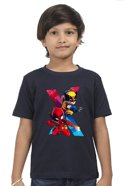 Kids Deadpool and Wolverine Action Print Half Sleeve T-Shirt