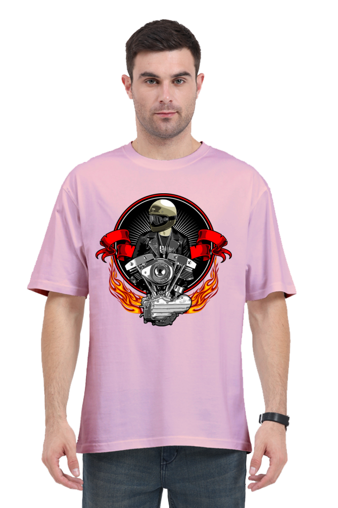 Men’s Oversized Cotton T-Shirt with Fiery Motorcycle Engine Print