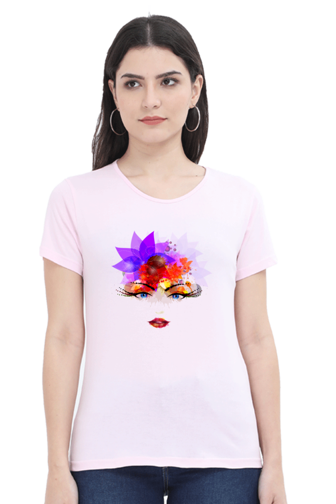 Colorful Feminine Face Print Cotton T-Shirt for Women