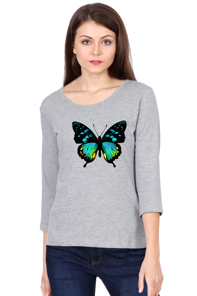 Blue Butterfly Print Cotton Full Sleeve T Shirt for Women