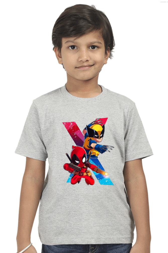 Kids Deadpool and Wolverine Action Print Half Sleeve T-Shirt