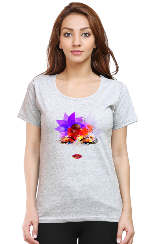 Colorful Feminine Face Print Cotton T-Shirt for Women