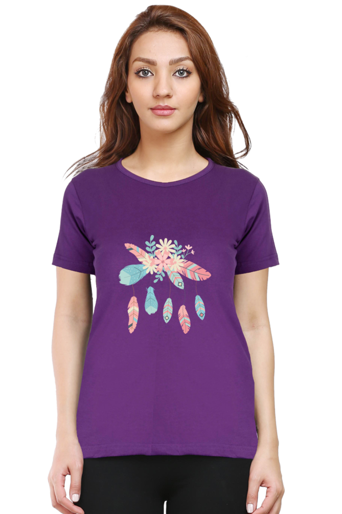 Floral Fantasy: Cotton ‘Feather Flower’ T-Shirt for Women