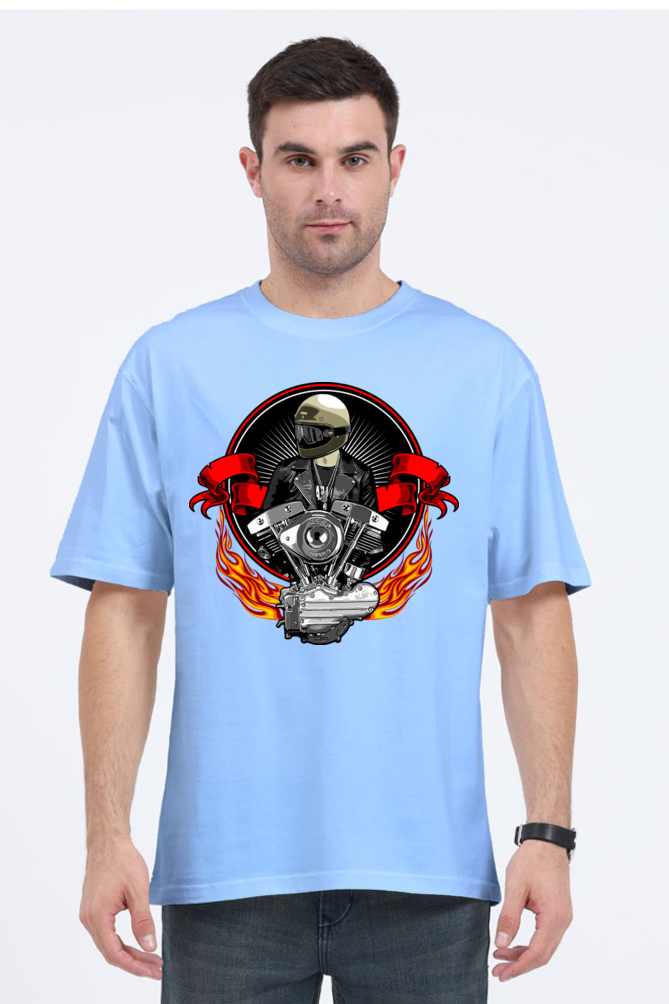 Men’s Oversized Cotton T-Shirt with Fiery Motorcycle Engine Print