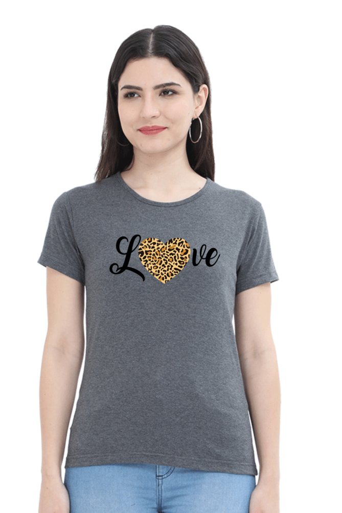 Love Leopard Heart Print Cotton Regular Fit T-Shirt for Women