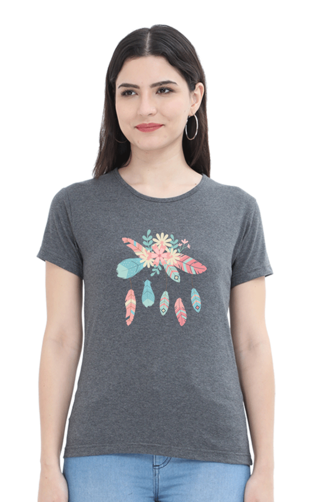 Floral Fantasy: Cotton ‘Feather Flower’ T-Shirt for Women