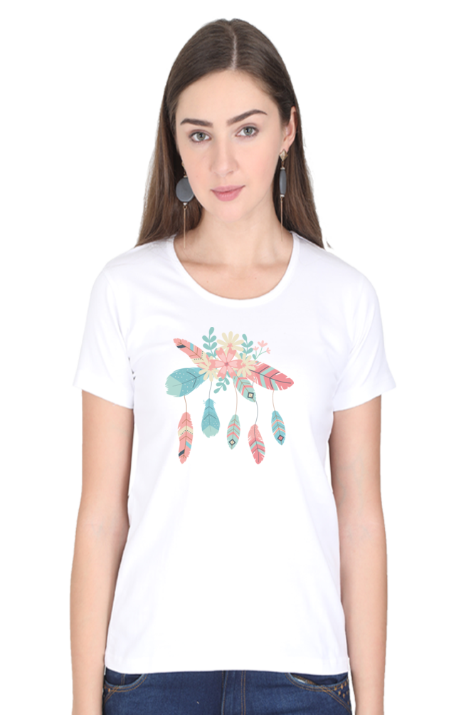 Floral Fantasy: Cotton ‘Feather Flower’ T-Shirt for Women