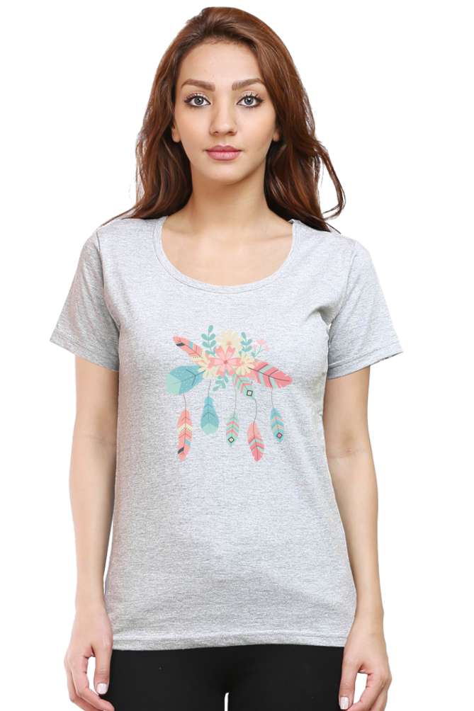 Floral Fantasy: Cotton ‘Feather Flower’ T-Shirt for Women